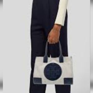 Tory Burch Ella Canvas Stylish Navy and Beige Tote Bag